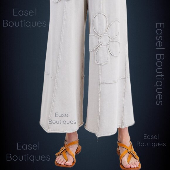 EASEL “Flower Path” Mineral Washed Pants Wide Leg Cozy Relax Fit Raw Seams, Hems - Picture 10 of 14